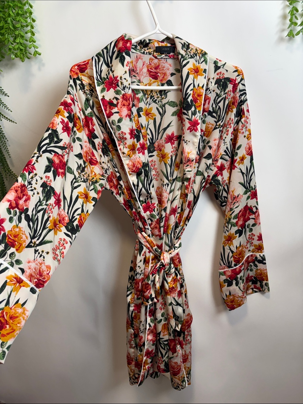 J. Crew Floral Satin Robe - Cream with Pink & Yellow Blooms